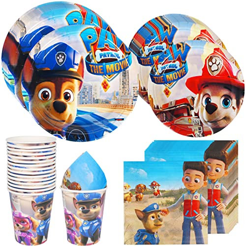 Paw Dog Patrol Geburtstag Deko, 64pcs Geburtstag Geschirr Set, Teller Becher Servietten Wimpel, für Party und Kindergeburtstag, Teiliges Party-Set für 16 Kinder Geburtstagsgeschenk,Party Deko(grau)