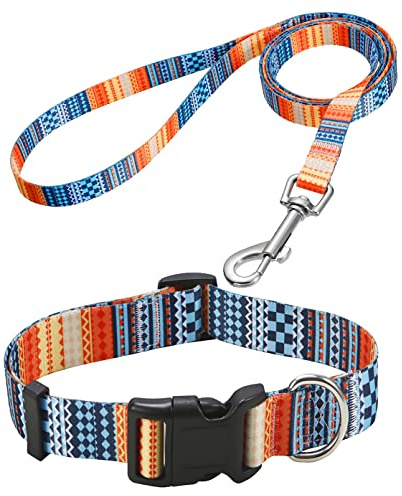 Mihqy Hundehalsband und Leine Set, Verstellbares, Weich & Komfort Nylon Hunde Halsband für Kleine Mittlere Große Hunde Welpen Katzen(Böhmische Orange Set,XS)