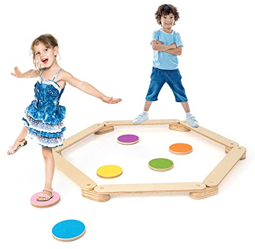 COSTWAY Trave Equilibrio in Legno con Pietre Miliari, per Bambini 3-7 Anni | Trave da Ginnastica per Interni e Esterni , 70 x 10 x 1,8cm