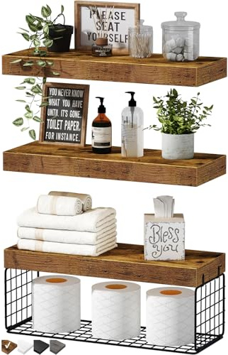 QEEIG Bathroom Shelves Over Toilet - Wall Mounted Floating Shelves Toilet Paper Storage Small Farmhouse Decor Shelf 16 inch Set of 3, Rustic Brown (019-BN3)