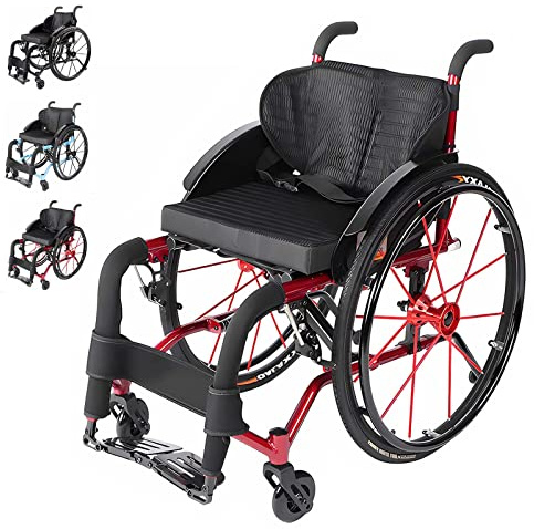 Bueuwe Rollstuhl Faltbar Leicht Aktivrollstuhl, Kleiner Rollstuhl für die Wohnung und Im Freien, Extra Schmaler Rollstühle mit Stoßdämpfung, Ultraleicht Reiserollstuhl, Aluminium,Rot,36cm Sitzbreite