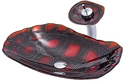 Vessel Sink Bathroom Tempered Glass Art Basin Round Bowl Tempered Glass Wash Basin Turtle-Back Pattern Washbasin with Waterfall Faucet and Drain Fittings 600x430x120mm (Orange Style 3)