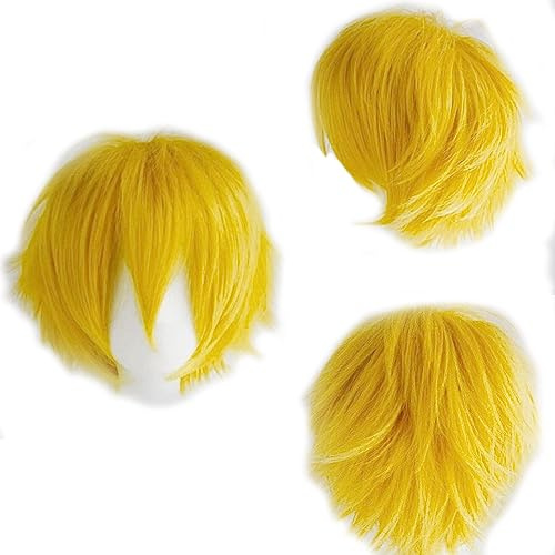 Anime Cosplay Perücke Gelb Kurze Perücken Halloween Damen Herren Synthetische Gerade Fancy Dress Perücke Gewellt Glatt Perücke Karneval Kostüm Party Perücke mit Gratis Mütze für Frauen Männer