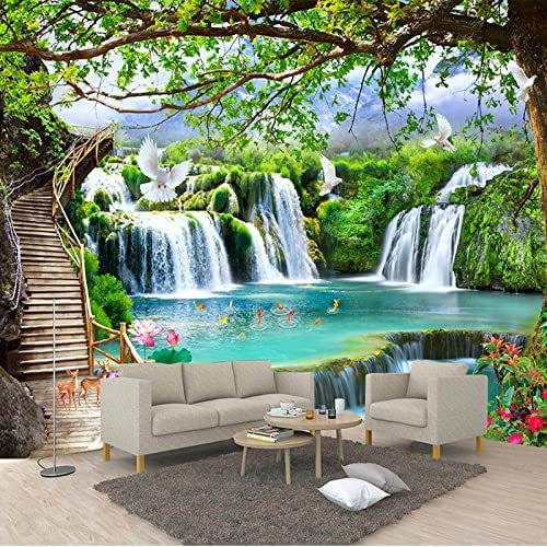Papier Peint Photo Mural Poster Art Sticker Décoration Murale 3D Forêt Verte Cascade Nature Paysage - Tableaux Muraux Autocollants Pour Salon Chambre Bureau Couloir 350 (largeur) x 256 (hauteur) cm