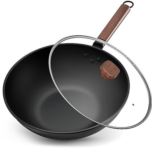 Jobin 33cm/5,6L Wok Antiaderente in Acciaio al Carbonio con Coperchio - Padelle Senza Rivestimento Chimico - Può Cucinare Piatti Asiatici per 4-6 Persone - Adatto a Tutti i Fornelli