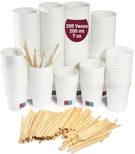 200 Gobelets en Carton Jetable de 200 ml / 7 blanc oz avec Agitateurs en Bois pour Café et Autres Boissons, verres carton jetables