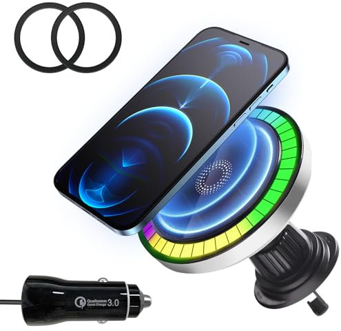 Olycism Kompatibel mit MagSafe 18W Magnet Kabellose Ladegerät mit Magnetischer Autohalterung QC 3.0 Adapter Wireless Car Charger KfZ Ladestation kompatibel mit iPhone 15/14/13/12