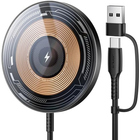 JSAUX Magnetic Wireless Charger for MagSafe Charger, for iPhone 17/16/15 | Clear-Black, USB A/C Dual Ports, Mag Wireless Charging Pad, for iPhone 17e/17 Air Pro Max/16/15/14/13/12/Airpods