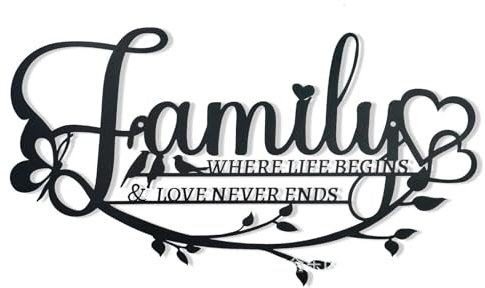 Metal Wall Art, Family Sign Metal Wall Art Decor, Family Where Life Begins Love Never Ends Wrought Iron Wall Decorations, Hanging Family Signs Home Decor for Living Room Bedroom Kitchen(Black)