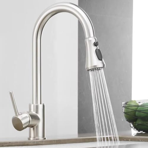Rubinetto da Cucina con Doccetta Estraibile, Miscelatore Cucina Estraibile Ottone Rotazione 360° Acqua Fredda e Calda Telescopico Rubinetteria Cucina Estraibile-Spazzolato