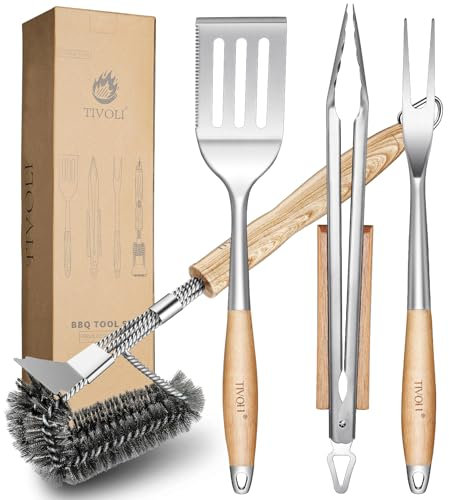 TIVOLI 4PCS Grilling Accessories, Heavy Duty BBQ Tool Set with Stainless Steel Spatula, Tongs, Fork, Cleaning Brush, Wood Handles Barbecue Utensils Kit for Outdoor, Perfect Grill Gifts for Dad Men