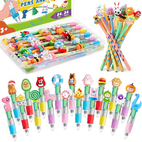 TicKiddos 48 Boligrafo Multicolor 4 en 1: 24 Boligrafo Multicolor+24 Lápices, Regalos Cumpleaños Niños Colegio, Detalles Cumpleaños Niños, Bolígrafos Divertidos para Fiestas Infantiles