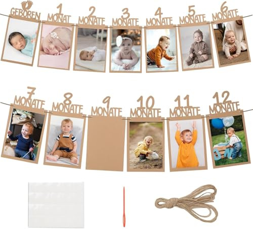 FonVan Baby Erster 1. Geburtstag Banner Kraftpapier, Foto Banner Hängende für 1 bis 12 Monate, 1. Geburtstag Girlande Fotokarten, Hängende Foto Wanddekoration für Party Dekor Feiern (Braun)