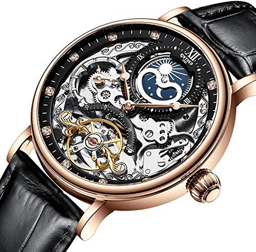 HFWXYSA Moda Orologio da Uomo Orologio Meccanico Automatico con Cinturino in Pelle Scheletro Uomo da Polso per Uomo,Rose Gold And Black