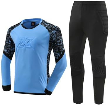 YiZYiF Kids Boys Soccer Jersey Football Goalie Protective Padded T-Shirt with Pants Goalkeeper Training Outfit Sky Blue 9-10 Years