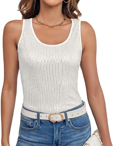 Imily Bela Top de lentejuelas para mujer sin mangas, camiseta brillante con escote en U, sexy para fiesta, Blanco, XXL