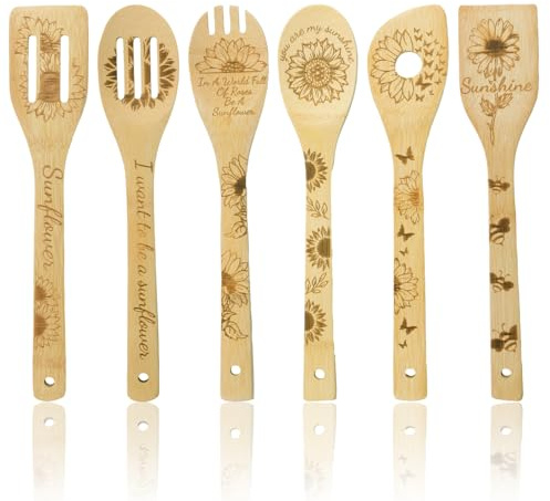 HICOHAND Ustensiles de cuisine en bambou, lot de 6 cuillères de cuisine en bois de tournesol gravées, antiadhésives, spatules de cuisine avec poignées, résistant à la chaleur, cadeau de pendaison de
