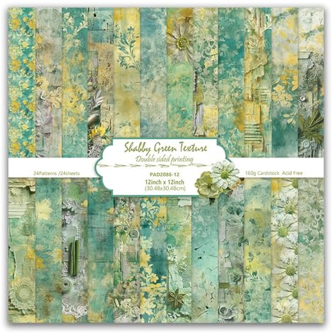 MerwDeeyt Scrapbook Papier Vintage Bastelpapier mit Blumen Muster (Grün) | 24 Blatt, Doppelseitiges Motivpapier, Frühling Dekorpapier, für Journal Scrapbooking