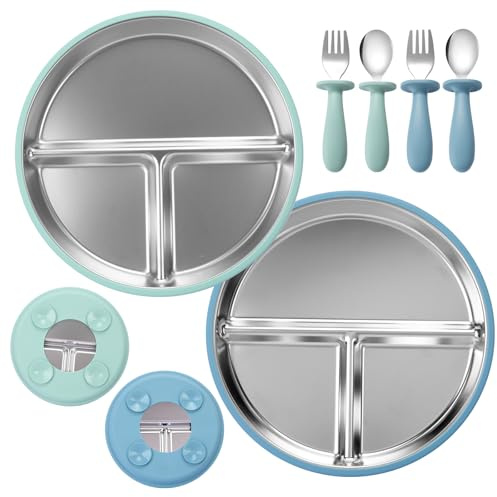 WUSUPU 2 PCS Assiettes en Acier Inoxydable Avec Ventouse pour Bébé,Assiette Ventouse pour Bébé en Acier Inox, Assiette Compartiment Bebe,assiette Inox avec Rebord en Silicone(Bleu+vert)
