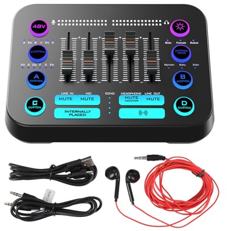 Gaming -Audio -Mixer, Audio -Schnittstelle für Podcast/Streaming, Soundplatine mit 3,5 Mm/XLR -Mikrofoneingang, 48 -V -Power -RGB -Beleuchtung, Sprachwechsler, Live