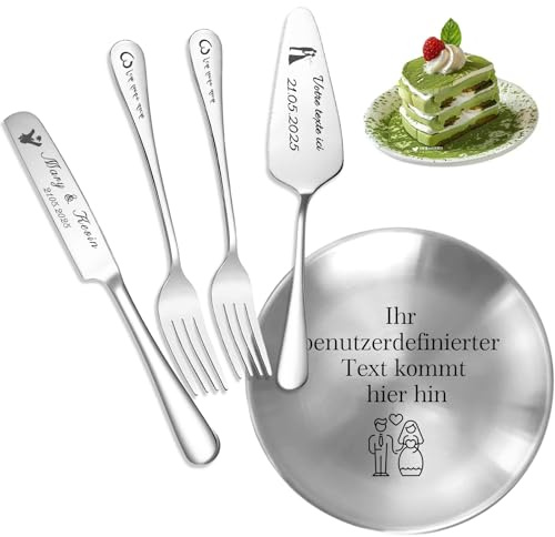 RSQGT Personalisiertes Tortenbesteck und Teller, Tortenmesser Mit Gravur Sowie Gabeln Teller, Kann Als Personalisiertes Geschenk Für Hochzeiten, Jubiläen