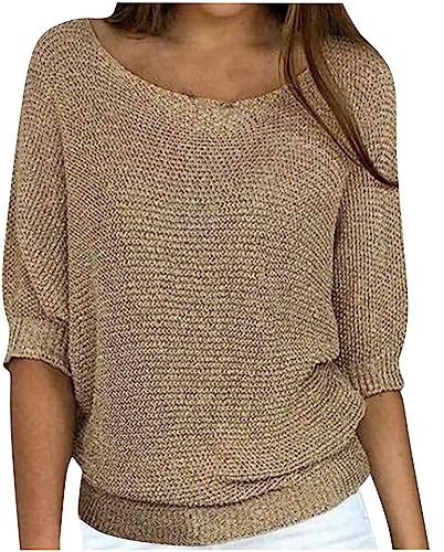 Women's Smart Three-Quarter Sleeve Jumpers Solid Colour Crew Neck Knit Pullover Tops Autumn Knitted Jumpers for Women UK Casual Sweaters Cosy Loose Knitwear