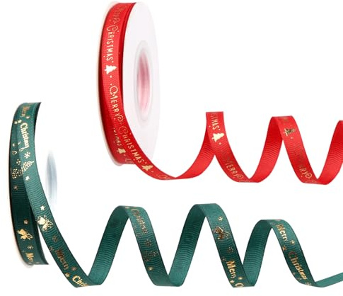 2 Rolls 25 Yard Christmas Ribbons for Gift Wrapping, Merry Christmas Ribbons with Gold Font&Pattern Red Green Satin Ribbon for Crafting, Xmas Tree, Presents, DIY Crafts,Gift Basket Cake Package Decor