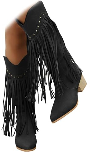 WINDEHAO Botas vaqueras de tacón bajo para mujer, botas vaqueras occidentales con flecos, puntera puntiaguda, tacón grueso y borla, Black, 44 EU