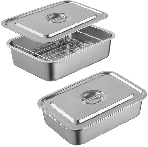 Roasting Pan with Rack and Lid, 4 Extra Deep Stainless Steel Turkey Roaster, 11.5 x 15.5 Inch Large Broiler Pan for Oven (L, 2 Pack)