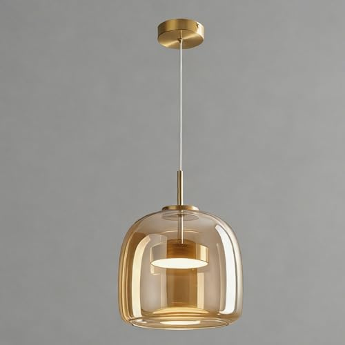 HSLJ1 Lámpara colgante moderna de vidrio ámbar Lámpara colgante LED minimalista industrial Altura ajustable Lámpara suspendida Adecuada para dormitorios, comedores y cocinas con isla.