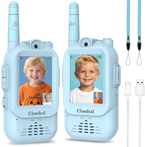 Clordeal Video Walkie Talkie Kinder mit Videoanruf & Kamera – Funkgerät für Kinder ab 3 Jahre, Aufladbar, mit Sprachänderer, Ideal für Outdoor und als Geschenk (2er-Set Blau)