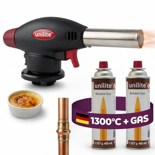 UNILITE Gasbrenner Set inkl. 2x Gaskartuschen, 1300°C/1300W Butangasbrenner, Lötbrenner, Lötlampe & Küchenbrenner für Flambieren, Creme Brulee, Grill, Camping & Hartlöten