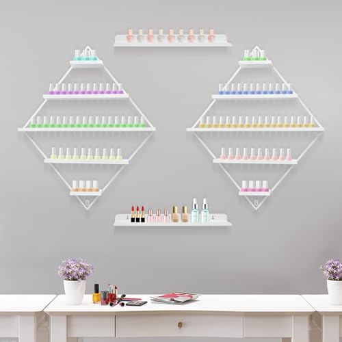 2 set di supporti per smalti per unghie, 5 livelli, a forma di rombo, espositore per smalti con ripiano rialzato, supporto per smalti da parete, per saloni di unghie, centri benessere (bianco)