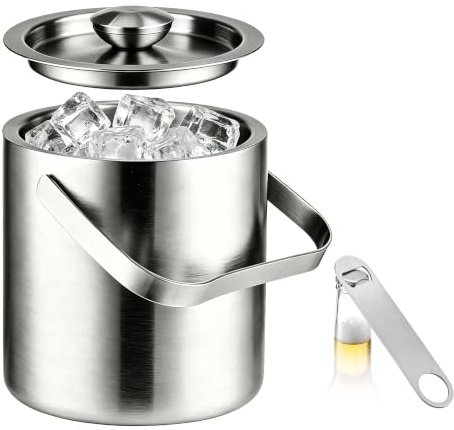 KINGROW Ice Bucket Double Wall Insulated with Lid and Opener | Food-grade stainless steel keeps ice frozen for 4-6 hours. Includes leak-proof lid and matching bottle opener.