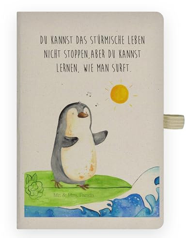 Mr. & Mrs. Panda DIN A4 Baumwoll Notizbuch Pinguin Surfer - Geschenk, Kladde, Hawaii, Notizen, Urlaub, Notizblock, surfen, Schreibbuch, optimistisch, Journal, Adressbuch