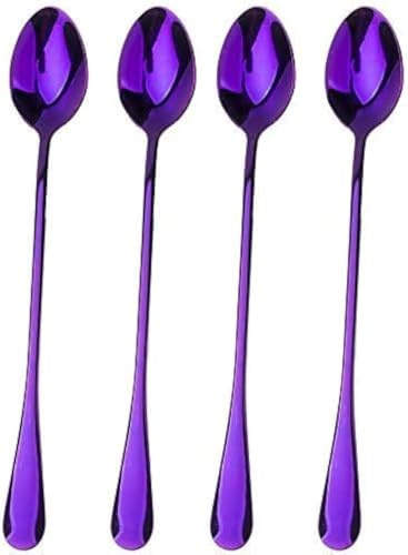 Long HandlLong Handle Iced Tea Spoon, Stainless Steel Coffee Mixing Spoons - Long Cream Dessere Iced Tea Spoon, Stainless Steel Coffee Mixing Spoons - Long Cream Dessert Spoons Set of 4 (4 Tip Purple)