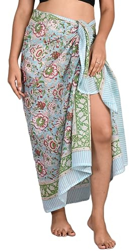 INDACORIFY Sarong 100% algodón Estampado a Mano para Mujer, Traje de baño Envolvente, Falda de Bikini de Playa, Pareo, Bufanda, Estola, Chal para Mujer (Design-22)