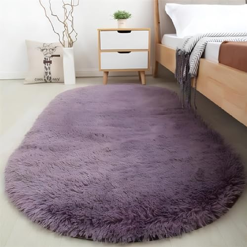 Treer Oval Rugs Living Room, Area Rugs for Bedroom, Anti Slip Washable Extra Large Shaggy Thick Pile Rug Fluffy Modern Floor Carpets Mat Bedside Rugs for Kids Room (gray purple,60x120cm)