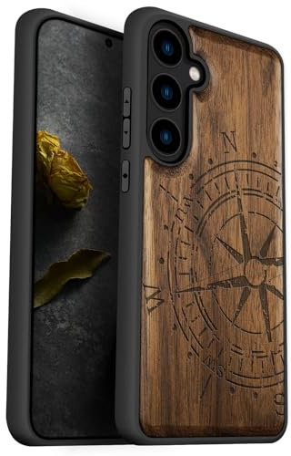 Carveit Handyhülle für Galaxy S24 5G Case [Holz und TPU Silikon Hybrid hülle] handyhulle Kompatibel mit Samsung S24 5G Hull Holzdesign Cover（Nussbaum-Vintage Kompass）