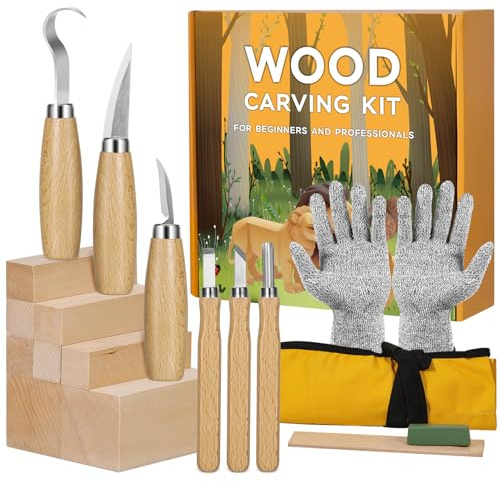 Wood Carving Kit for Beginners, 18-Piece Whittling Kit with 8 Basswood Blocks, Sharp Wood Carving Tools & Whittling Knife Set for Adults, Woodworking Craft Gifts with Roll Bag & Gloves