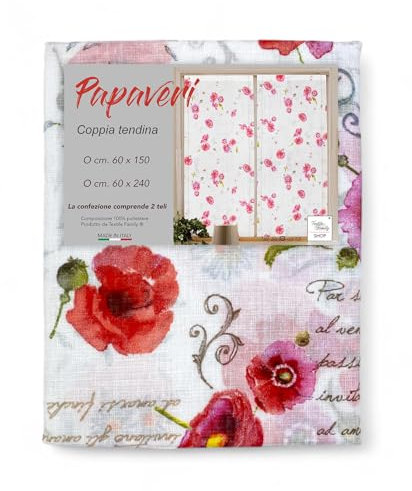 Tex family Coppia TENDINA a vetro PAPAVERI larga cm. 60 da Finestra e da Porta - COPPIA (2 TELI) CM. 60X150