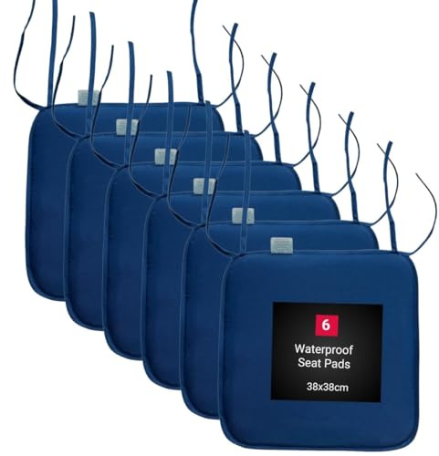 KARKARM Waterproof Chair Cushion Seat Pads Set of 6 Navy Blue, 38x38cm - Outdoor Garden Chair Seat Pads Tie on - Indoor Dining Chair Seat Pads for Home Office Kitchen Patio