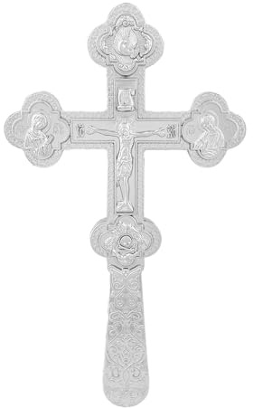 RZRHMUHN Croce ortodossa, crocifisso in metallo, croce russa ortodossa tenuta in mano, chiese, matrimoni, funerali, 21,6 x 12,4 cm (argento)
