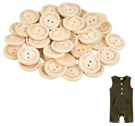 OUDQFCJ 50Pcs Bouton en Bois 20mm“handmade with love”Motif Coeur Forme Ronde Artisanat Couture Mercerie Bricolage pour Chaussette Chapeau Vêtement