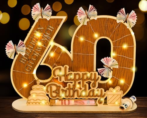 I LOVE MOM Originelle 60. Geburtstag Geschenk Mann & Frau - Diamantene Hochzeit Geldgeschenk - 60 Geburtstag Geldgeschenke mit LED Lichterkette - Holz-Schild Gästebuch - 60 Geburtstag Deko