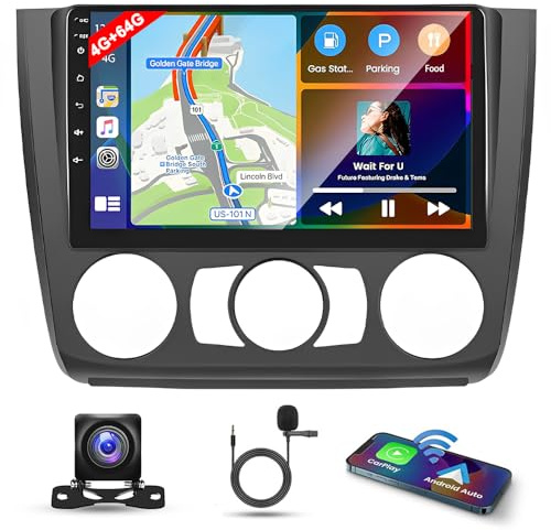 9 4G+64G Android 14 Car Stereo for BMW 1 Series E88 E82 E81 E87 2004-2011 Touchscreen 2 Din Car Radio Receiver w/Wireless Carplay Android Auto GPS Navi Bluetooth Wifi HiFi BT SWC FM Backup Camera Mic
