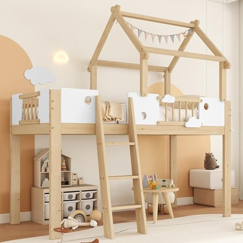 TOBIDOEN Hochbett Kinderbett 90x200 cm, Baumhaus Halbhohes Bett mit Fallschutz und Leiter, Umweltfreundliche Farben Rahmen, Hausbett Einzelbett mit Schönes Kreuzdach, Natur+Weiß
