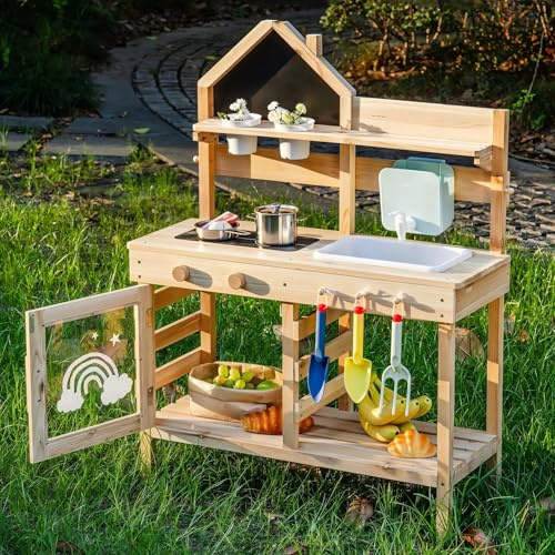 ROBUD Cocina de barro de madera, cocina de juguete para niños con grifo real y tanque de agua, herramientas de jardín, estufa, ollas, pizarra, juego de juego de simulación de cocina para niños