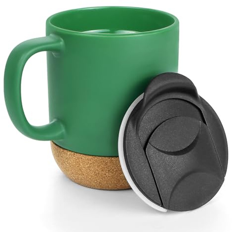 Ceramic Coffee Mug with Lid, 400ML Travel Mugs with Handle, Tea Cup(Cyan) | Removable Lockable Lid with Sliding Sip Hole, Heatproof Cork Base Design, Splash Resistant Lid, Travel Mugs for Hot Drinks