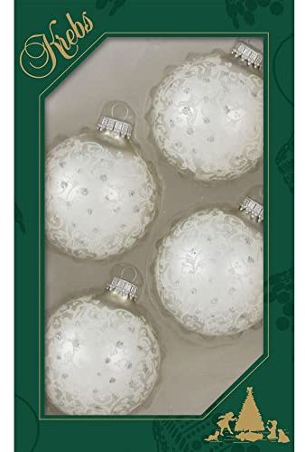 Glass Christmas Tree Ornaments - 67mm/2.63 [4 Pieces] Decorated Balls from Christmas by Krebs Seamless Hanging Holiday Decor (Silver Pearl with Lace and Silver Sparkles)